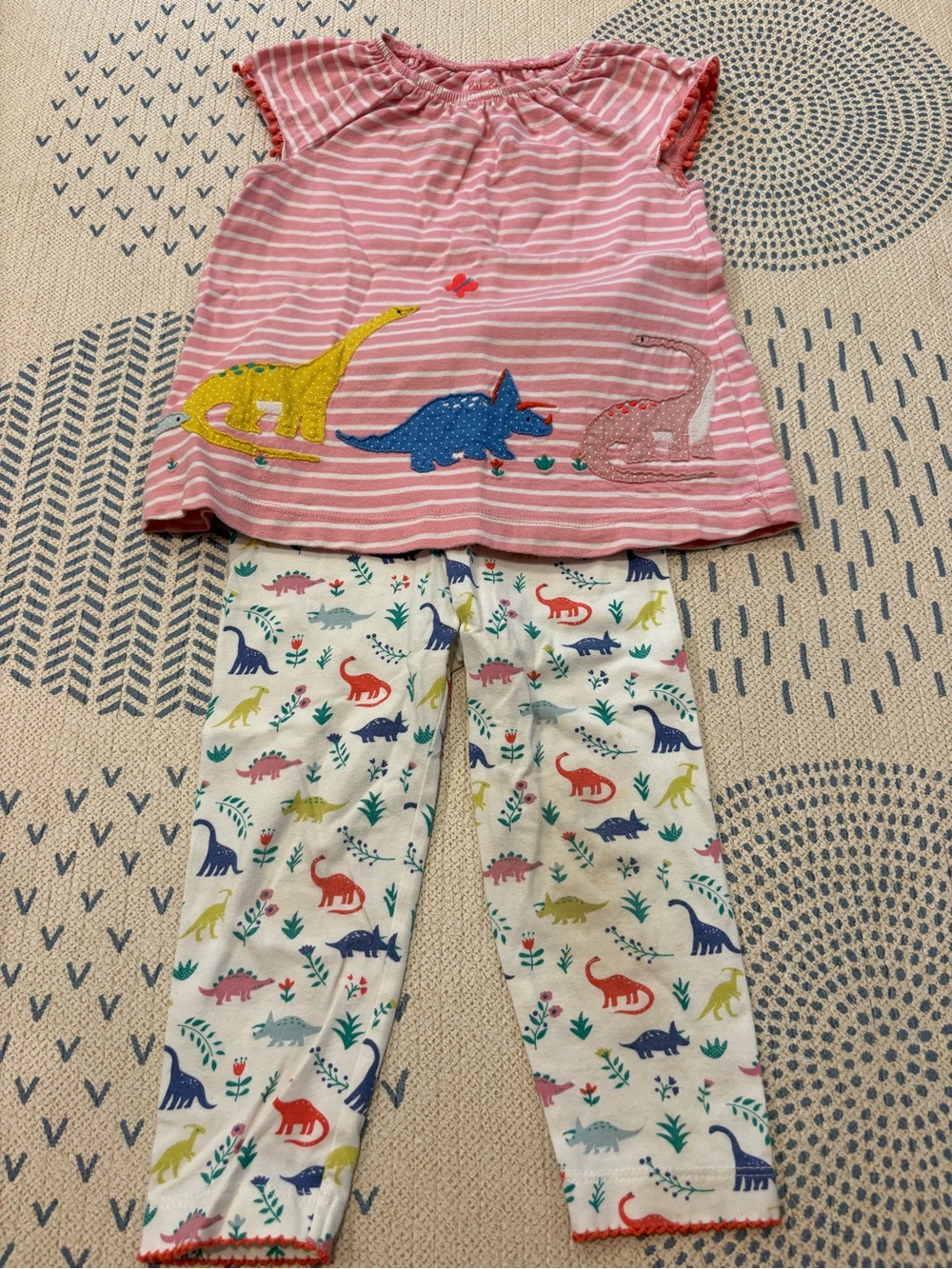Baby Boden Pink Striped Top with Multicolor Dinosaur Appliqué Matching Set